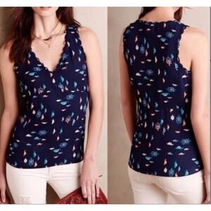 Maeve Anthropologie‎ Navy Blue Turtle Print Scalloped V-Neck Blouse Top Size 6